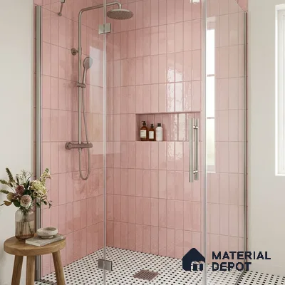 Modern Bathroom with Glossy Blush Pink Subway Tile and Walk-In Shower
