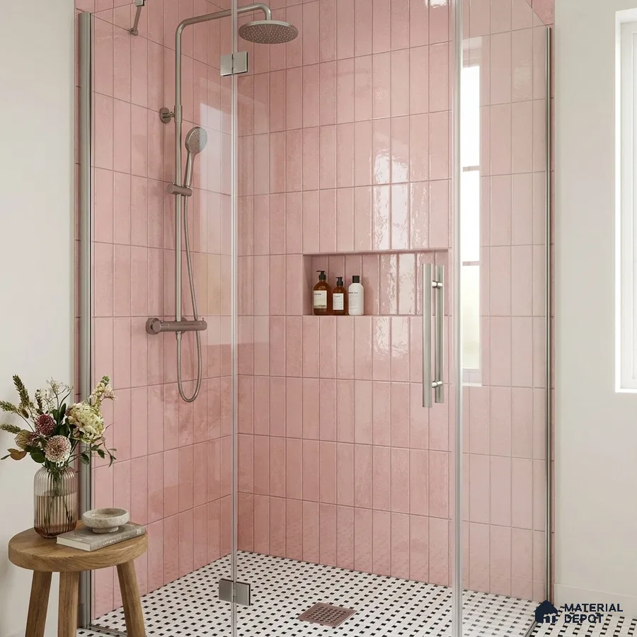 Modern Bathroom with Glossy Blush Pink Subway Tile and Walk-In Shower