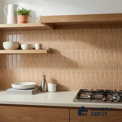 Scandinavian Kitchen with Glossy Terracotta Tan Stacked Subway Tile and Oak Cabinets