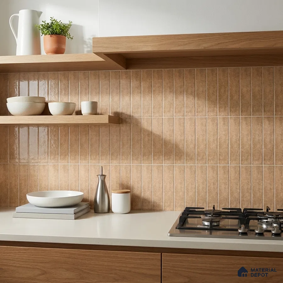Scandinavian Kitchen with Glossy Terracotta Tan Stacked Subway Tile and Oak Cabinets
