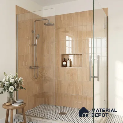 Modern Bathroom with Glossy Terracotta Tan Subway Tile and Walk-In Shower