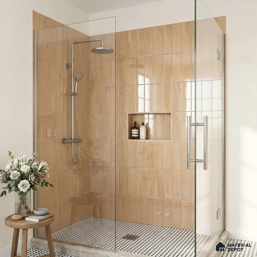 Modern Bathroom with Glossy Terracotta Tan Subway Tile and Walk-In Shower