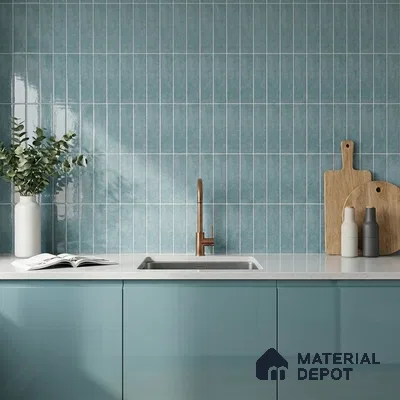 Modern Kitchen with Glossy Teal Blue Stacked Subway Tile and Teal Cabinets
