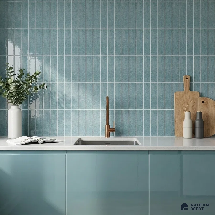 Modern Kitchen with Glossy Teal Blue Stacked Subway Tile and Teal Cabinets