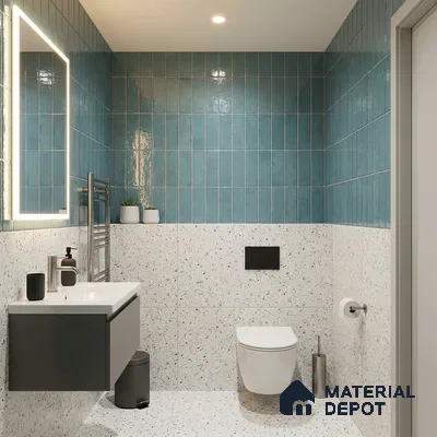 Modern Bathroom with Glossy Teal Blue Subway Tile and White Terrazzo