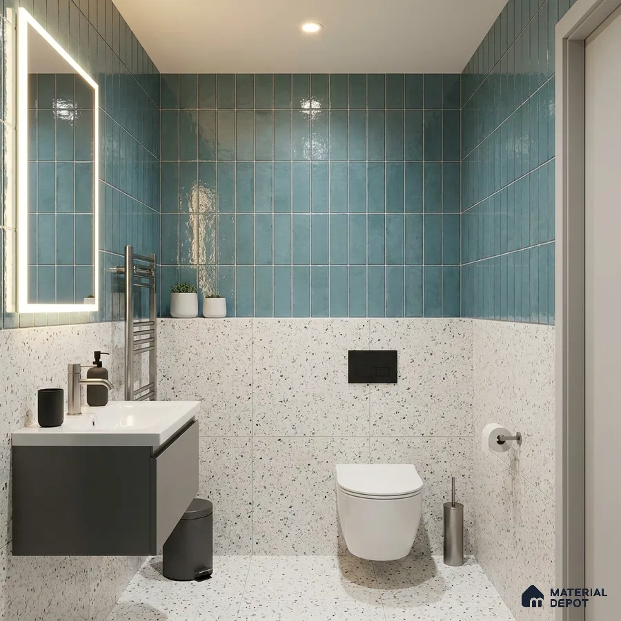 Modern Bathroom with Glossy Teal Blue Subway Tile and White Terrazzo