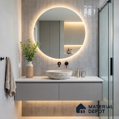 Modern Bathroom with Glossy Grey Square Tile and Stone Vessel Basin