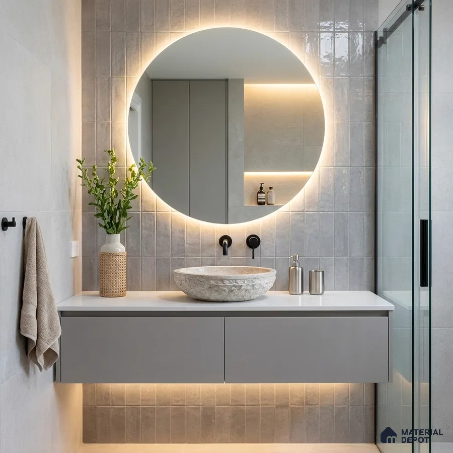 Modern Bathroom with Glossy Grey Square Tile and Stone Vessel Basin