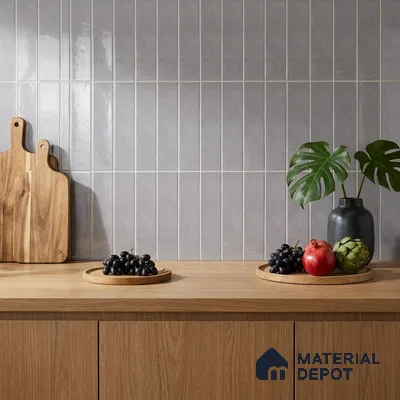 Scandinavian Kitchen with Light Grey Glossy Stacked Tile Backsplash and Oak Cabinets