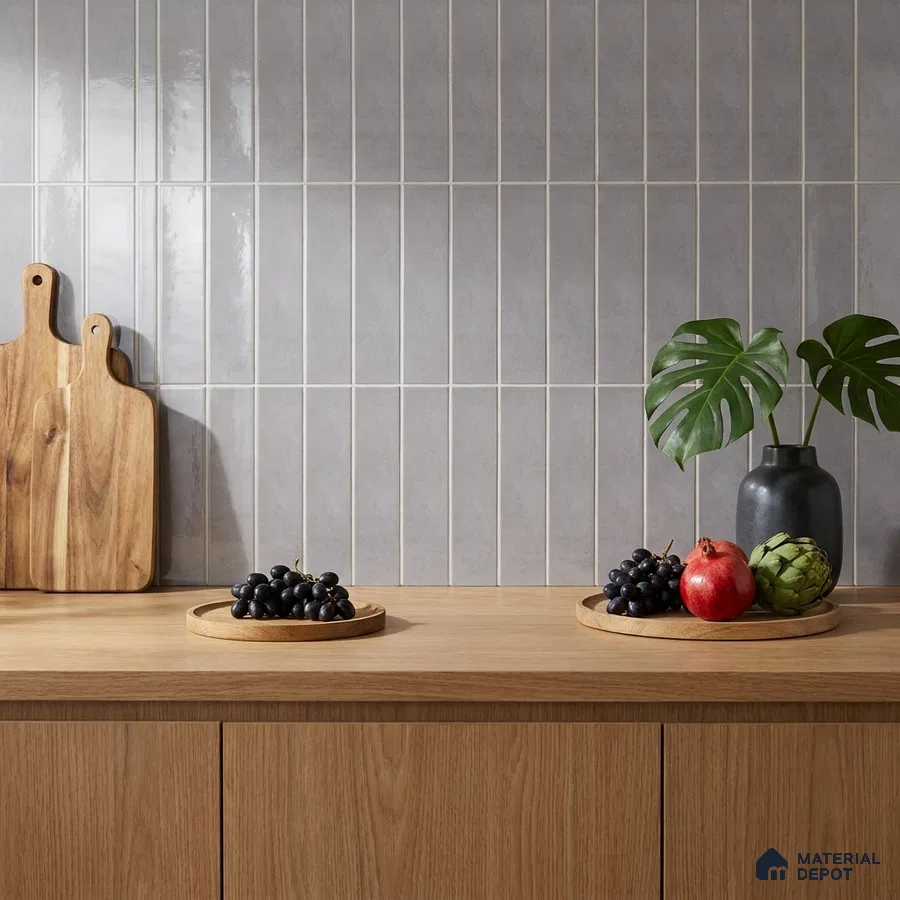 Scandinavian Kitchen with Light Grey Glossy Stacked Tile Backsplash and Oak Cabinets