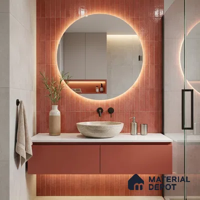 Modern Bathroom with Glossy Terracotta Red Subway Tile and Stone Vessel Basin