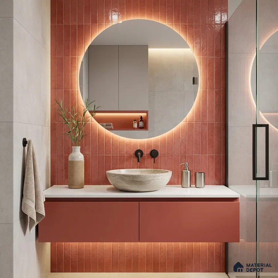 Modern Bathroom with Glossy Terracotta Red Subway Tile and Stone Vessel Basin