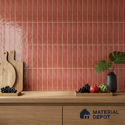Modern Kitchen with Glossy Terracotta Red Stacked Subway Tile and Oak Cabinets