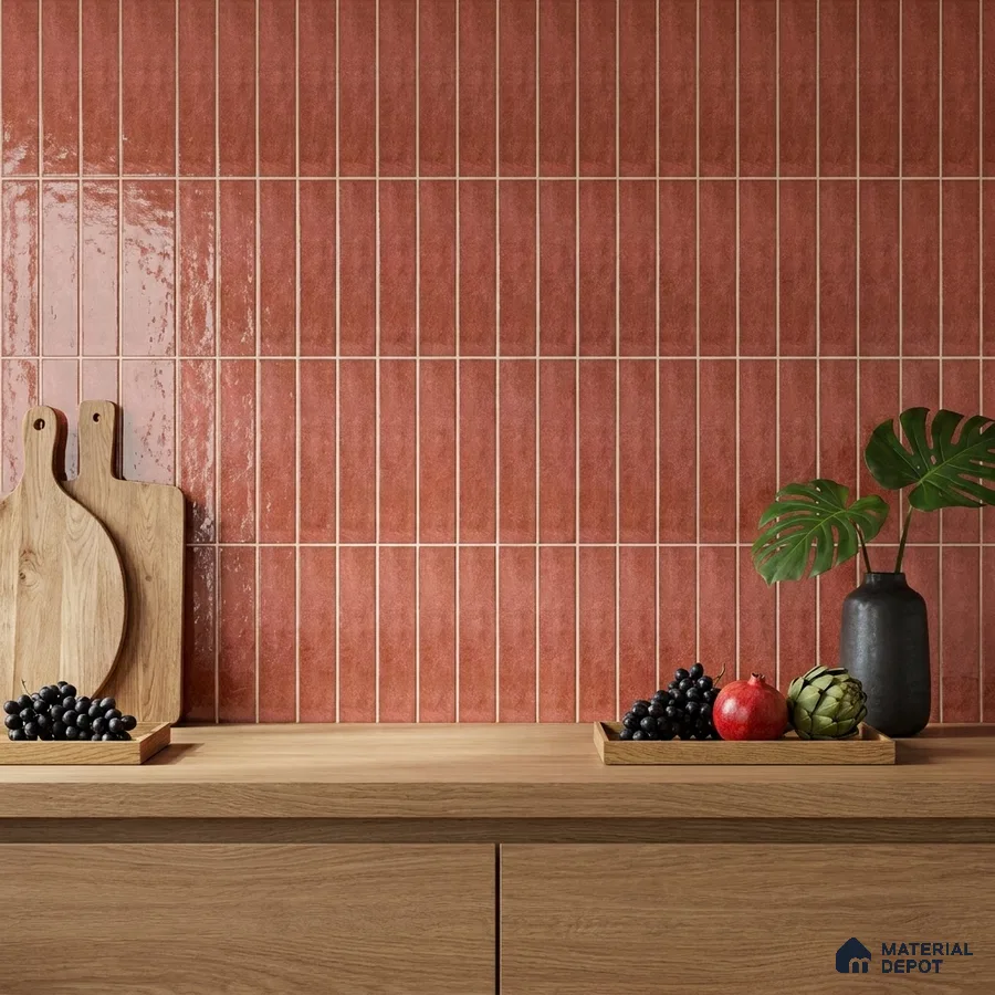 Modern Kitchen with Glossy Terracotta Red Stacked Subway Tile and Oak Cabinets