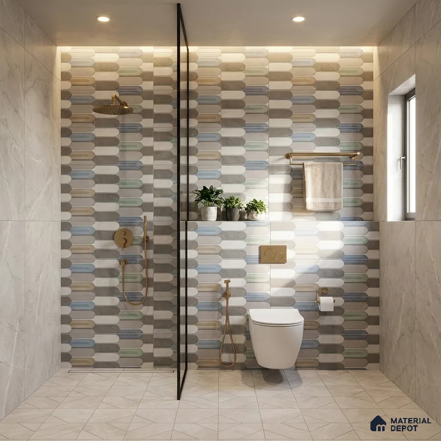 Modern bathroom with pastel popsicle wall tiles and marble-look floor tiles