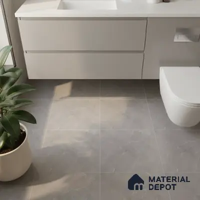 Minimalist bathroom with light grey marble-look floor tiles and frosty white floating vanity