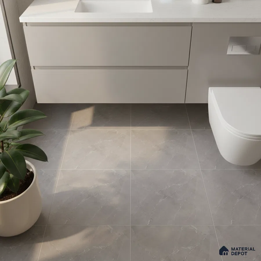 Minimalist bathroom with light grey marble-look floor tiles and frosty white floating vanity