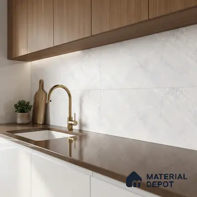 Modern kitchen with walnut wood laminate cabinets, brown quartz countertop, and white marble-look backsplash tiles