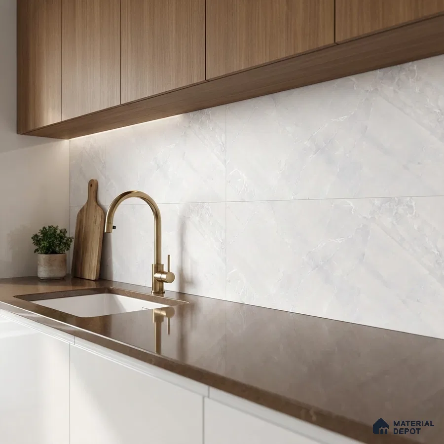 Modern kitchen with walnut wood laminate cabinets, brown quartz countertop, and white marble-look backsplash tiles