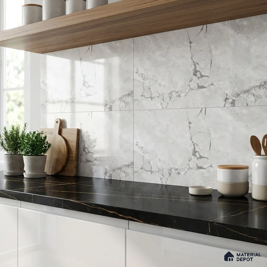 Modern kitchen with white marble-look backsplash tile and black marble countertop