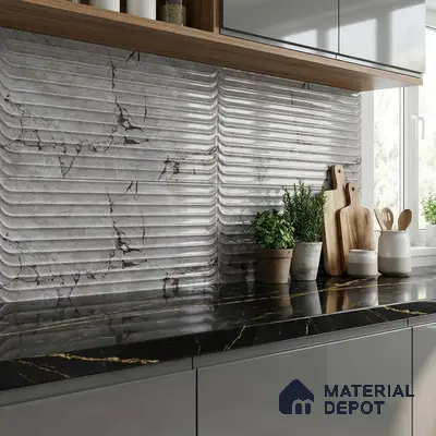 Modern kitchen with ribbed marble-look backsplash tile and black marble countertop