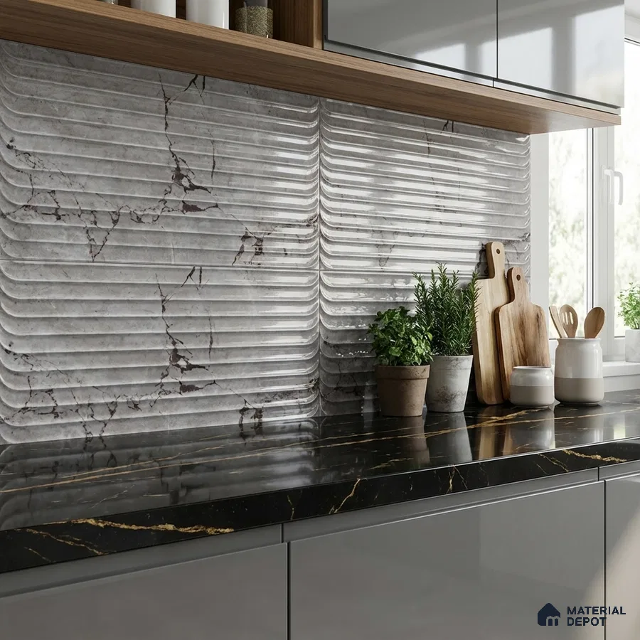 Modern kitchen with ribbed marble-look backsplash tile and black marble countertop