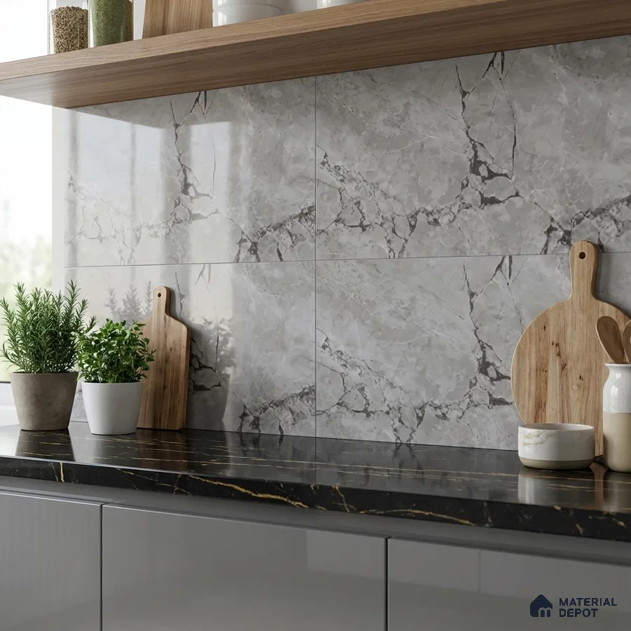 Modern kitchen with grey marble-look backsplash tile and black marble countertop