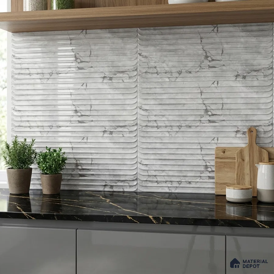 Modern kitchen with marble-look fluted wall tiles and black marble countertop
