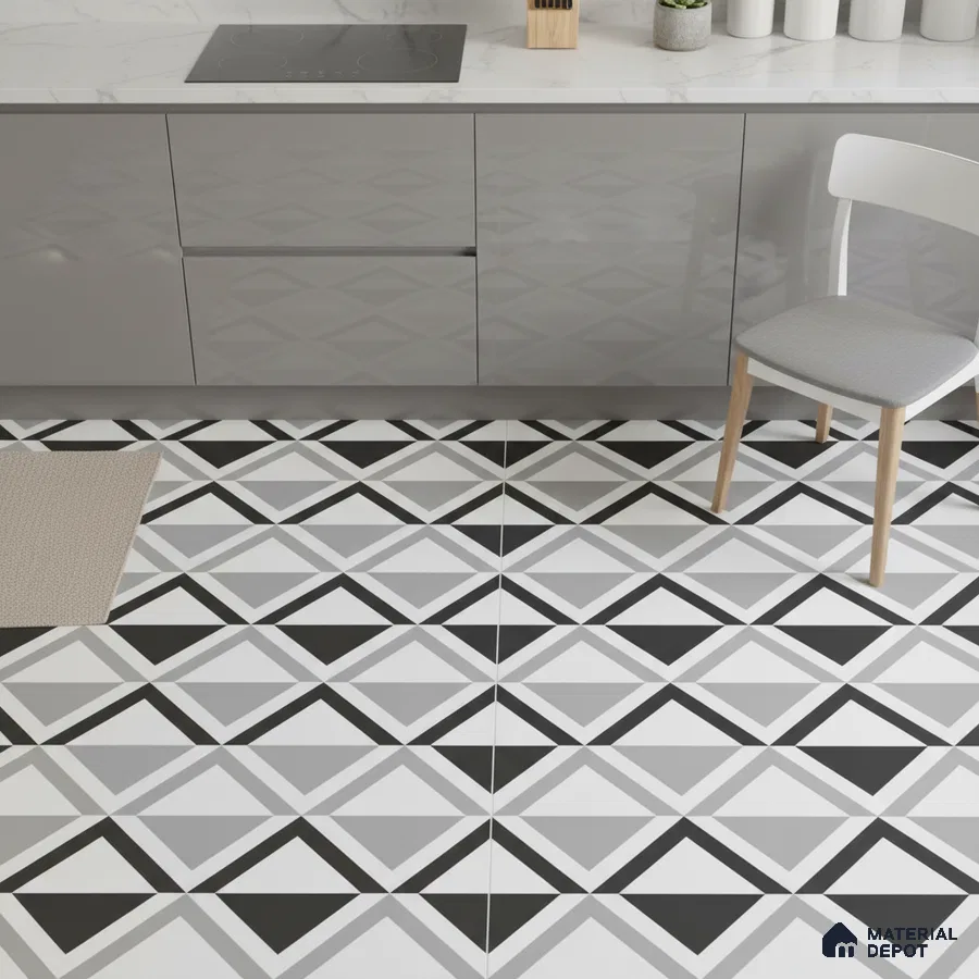 Modern kitchen with grey high gloss laminate cabinets and geometric black-and-white patterned floor tiles