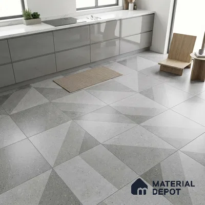 Minimalist kitchen with grey glossy laminate cabinets and geometric patterned grey floor tiles