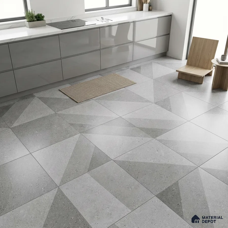 Minimalist kitchen with grey glossy laminate cabinets and geometric patterned grey floor tiles