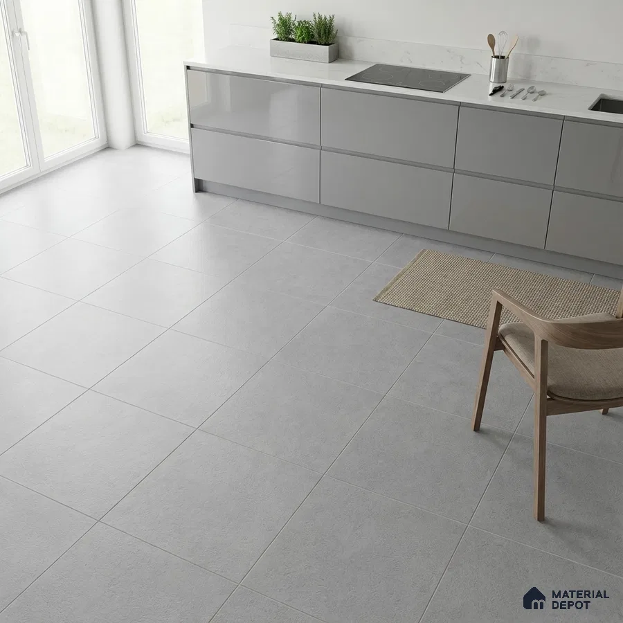 Minimalist kitchen with glossy grey laminate cabinets, white marble countertop, and light grey matte floor tiles