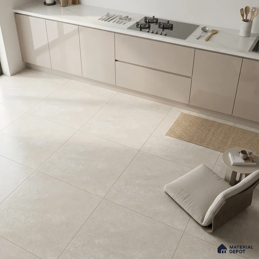 Minimalist kitchen with beige high gloss laminate cabinets and large format light beige stone floor tiles