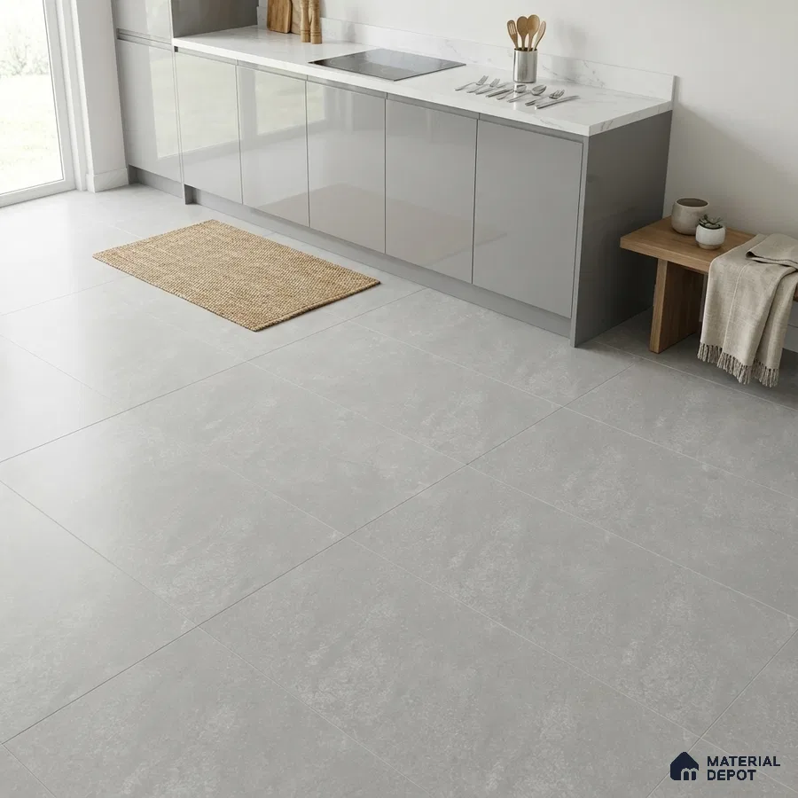 Minimalist kitchen with glossy grey laminate cabinets, white marble-look countertop, and light grey stone floor tiles