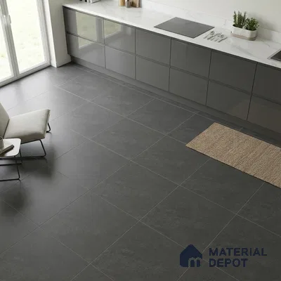 Minimalist kitchen with grey high gloss laminate cabinets and white marble-look countertop