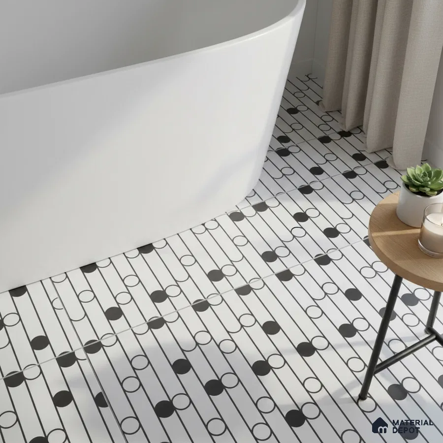 Minimalist bathroom with black-and-white geometric patterned floor tiles