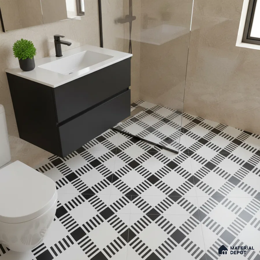 Modern bathroom with black vanity, beige marble wall tiles, and black-and-white geometric patterned floor tiles