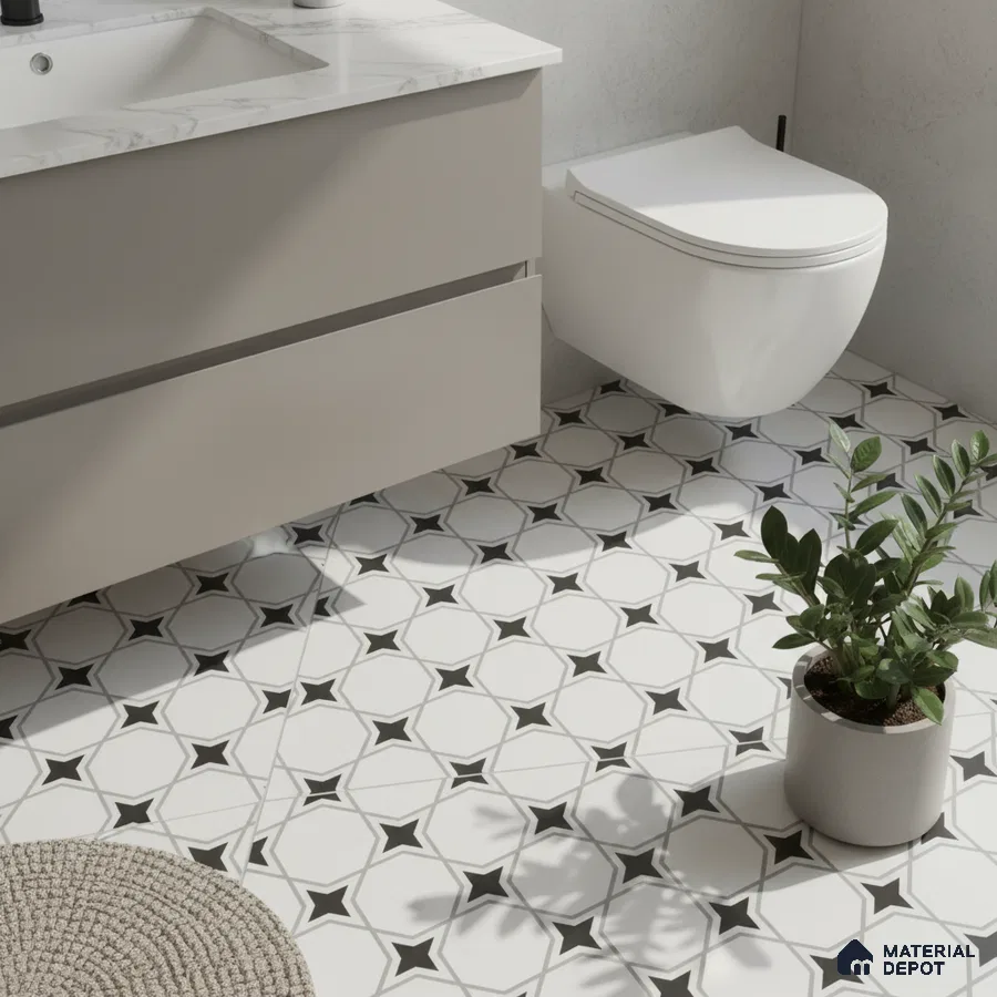 Modern bathroom with geometric black-and-white patterned floor tiles and marble countertop vanity