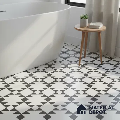 Minimalist bathroom with geometric black-and-white patterned floor tiles and freestanding tub