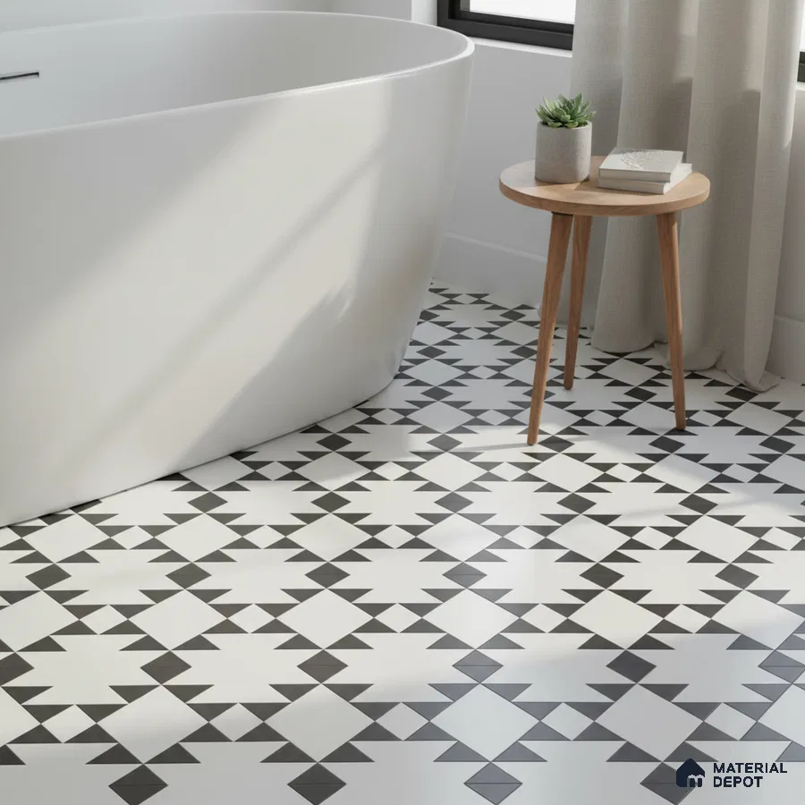 Minimalist bathroom with geometric black-and-white patterned floor tiles and freestanding tub