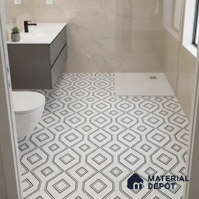 Modern bathroom with beige marble wall tiles and black-and-white geometric patterned floor tiles