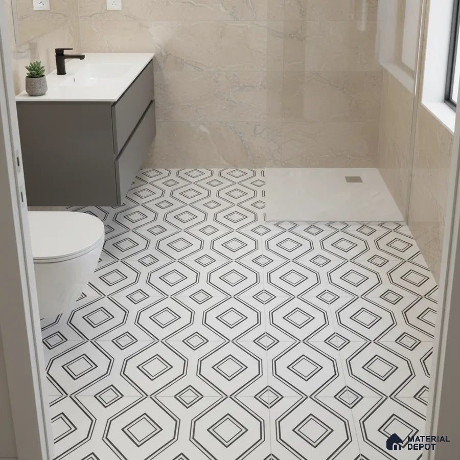 Modern bathroom with beige marble wall tiles and black-and-white geometric patterned floor tiles