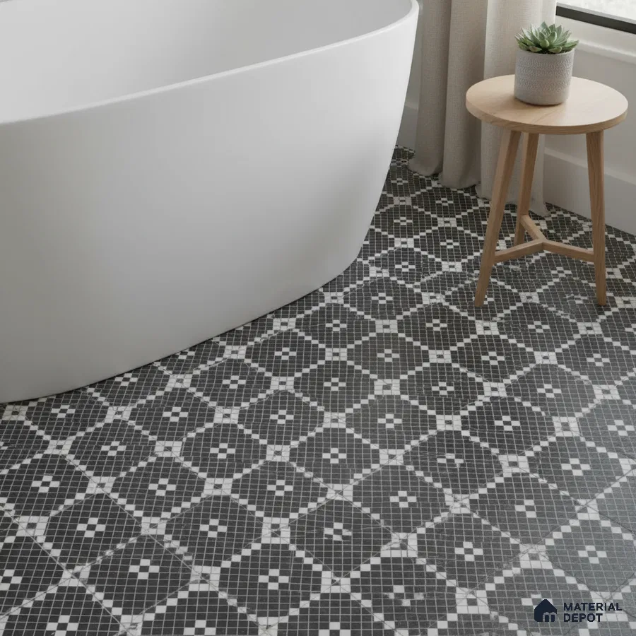 Modern bathroom with black-and-white geometric mosaic floor tiles