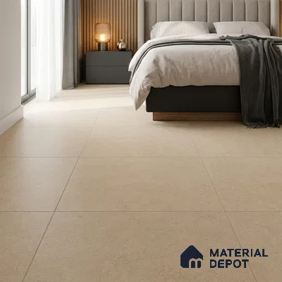 Modern Bedroom with Matte Beige Limestone-Look Floor Tile