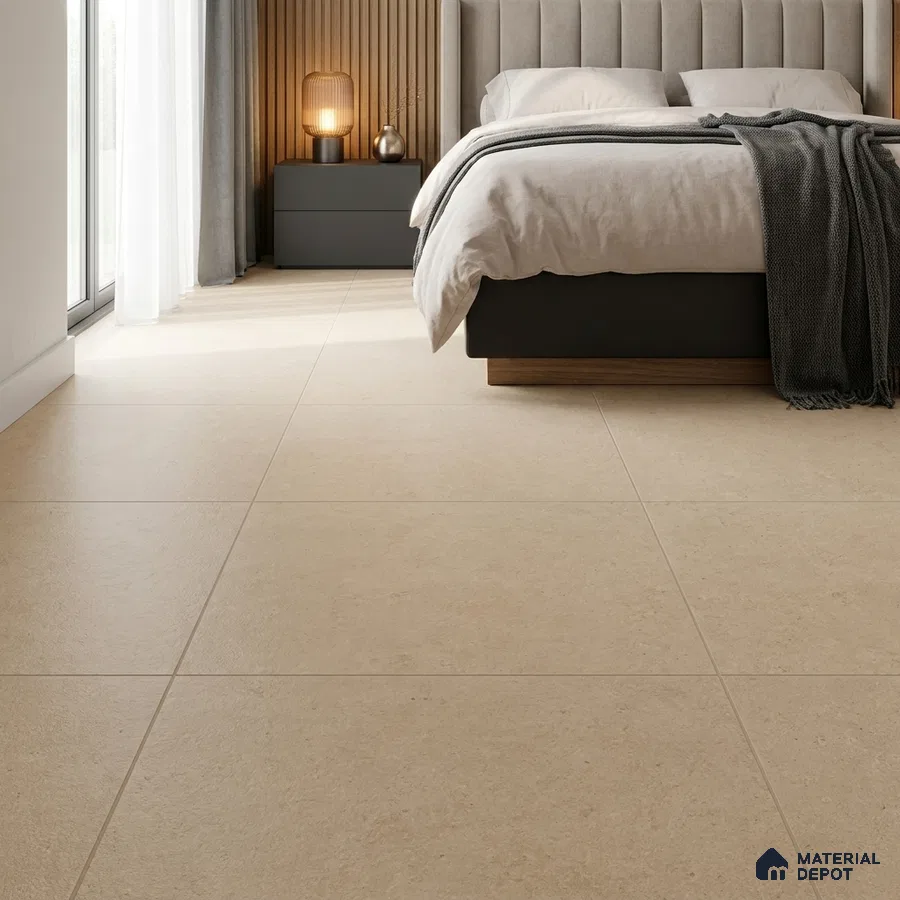 Modern Bedroom with Matte Beige Limestone-Look Floor Tile