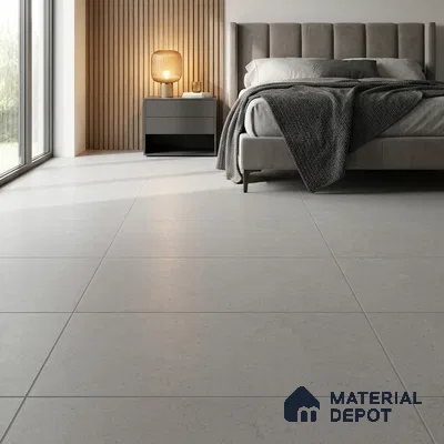 Modern Bedroom with Matte Light Grey Stone-Look Floor Tile