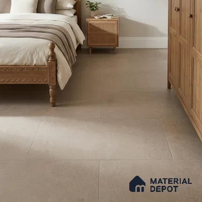 Traditional Bedroom with Matte Greige Limestone-Look Floor Tile