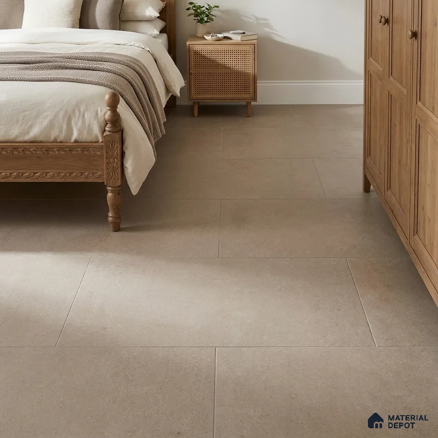 Traditional Bedroom with Matte Greige Limestone-Look Floor Tile