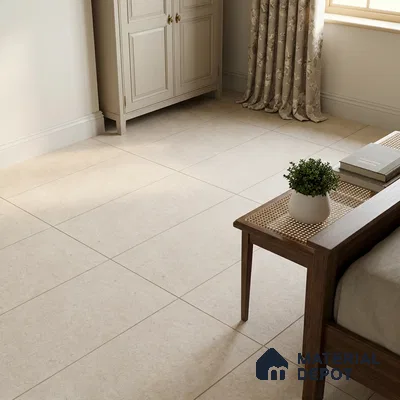 Traditional Bedroom with Matte Cream Limestone-Look Floor Tile