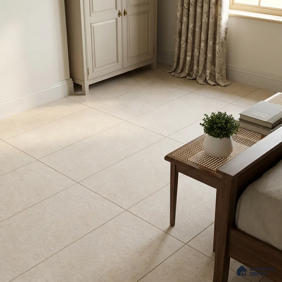 Traditional Bedroom with Matte Cream Limestone-Look Floor Tile